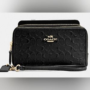 NWT Coach Black Signature Debossed Patent Leather Double Zip Wallet